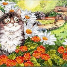 кот в цветах