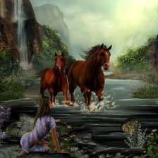 Схема вышивки «Девушка и лошади»
