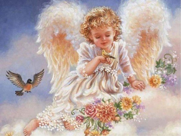 Ангел - цветы, ангел, птицы, религия, картина - оригинал