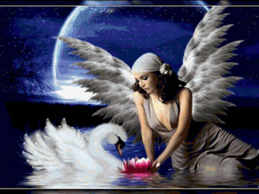 Ангел - религия, ночь, картина, озеро, луна, вода, лебедь, ангел - предпросмотр