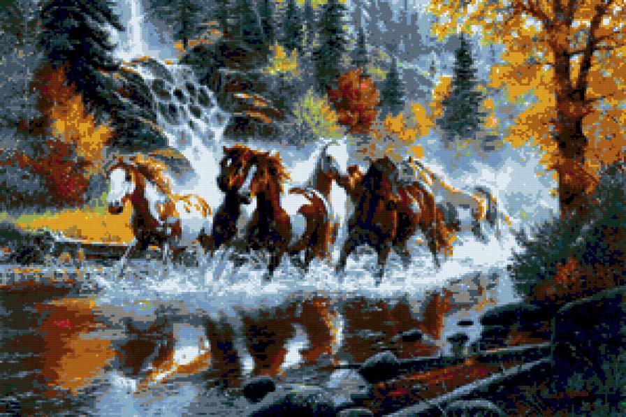 табун у водопада - природа, лошади, вода - предпросмотр