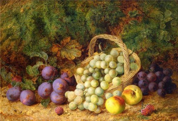 натюрморт - натюрморт картина фрукты виноград сливы корзина - оригинал