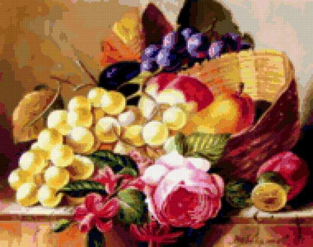виноград и розы - натюрморт картина виноград корзина розы цветы фрукты - оригинал