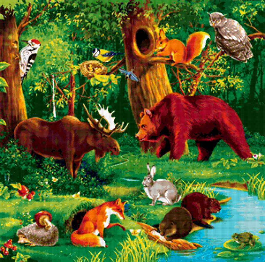 лесные обитатели - дядел, животные, лиса, олень, медведь, птицы, ежик, лес, природа, мишка - предпросмотр