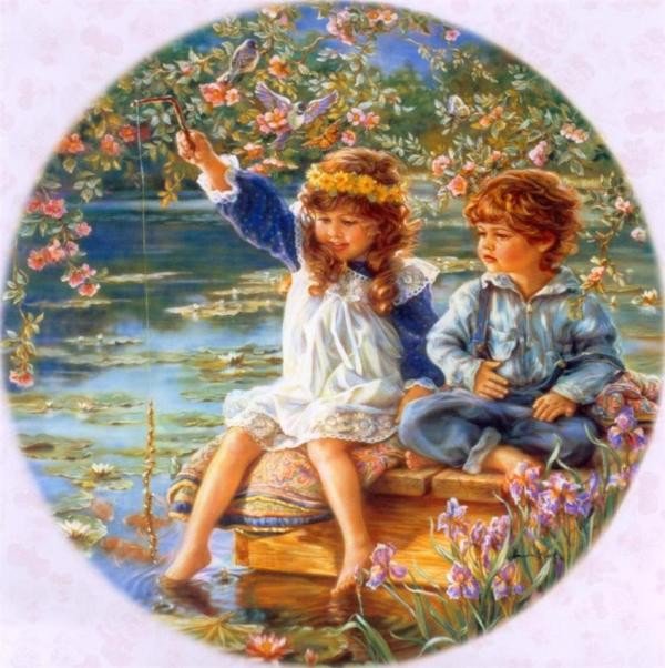 Юные рыболовы - дети, винтаж - оригинал