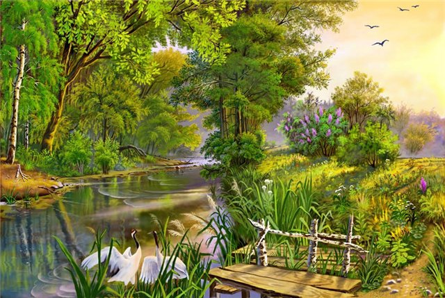 №250396 - птицы, природа, мост, пейзаж, картина, река - оригинал
