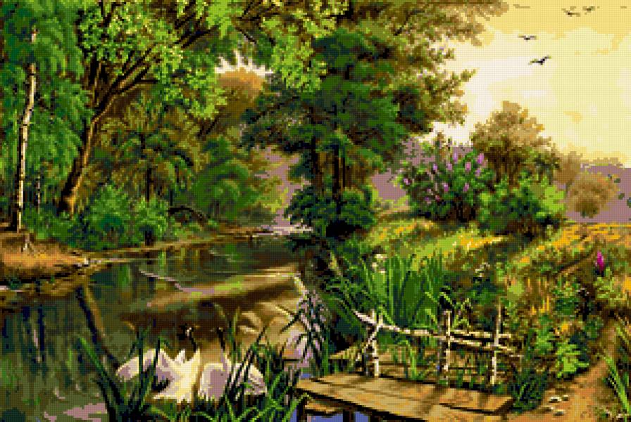 №250396 - река, природа, пейзаж, картина, птицы, мост - предпросмотр
