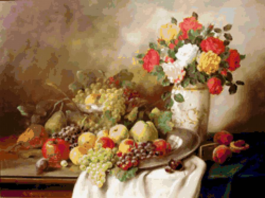 натюрморт - натюрморт картина ваза цветы фрукты виноград - предпросмотр