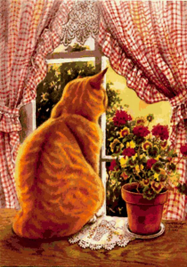 Кошка на окошке - лето, окно, кошки, природа, животные, картины - предпросмотр