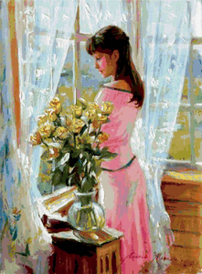 Ожидание - девушка, картина, розы, женские образы, букет, окно, цветы, лето - предпросмотр