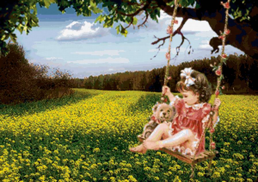 на качелях - дети, луг, цветы - предпросмотр