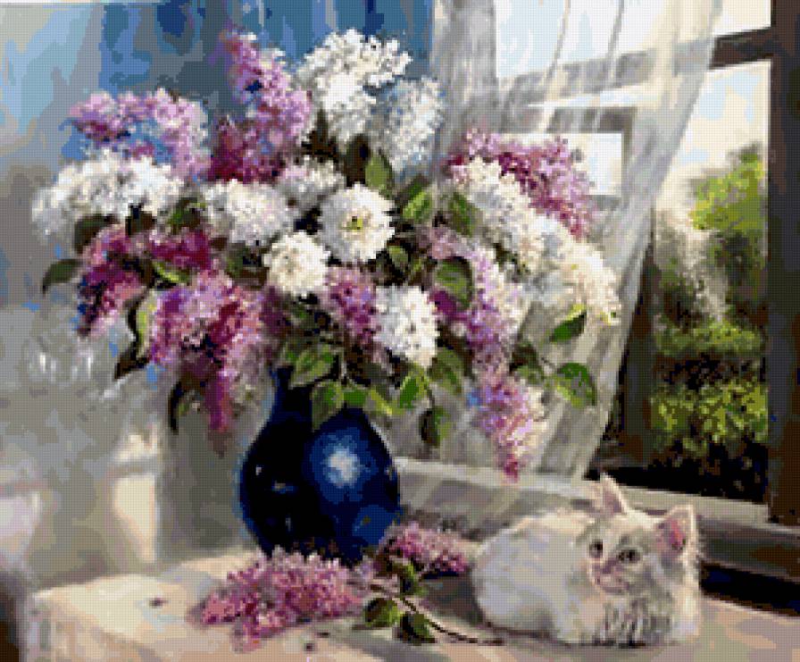 №251242 - кот, цветы, букет, сирень - предпросмотр