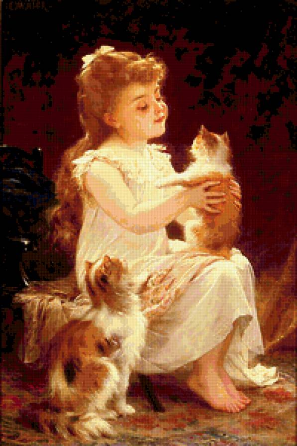 Девочка с котятами - картина, люди, дети - предпросмотр