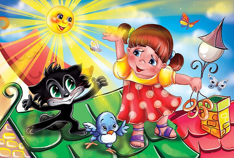 Весёлая картинка - птичка, крыша, солнце, котик, девочка - оригинал