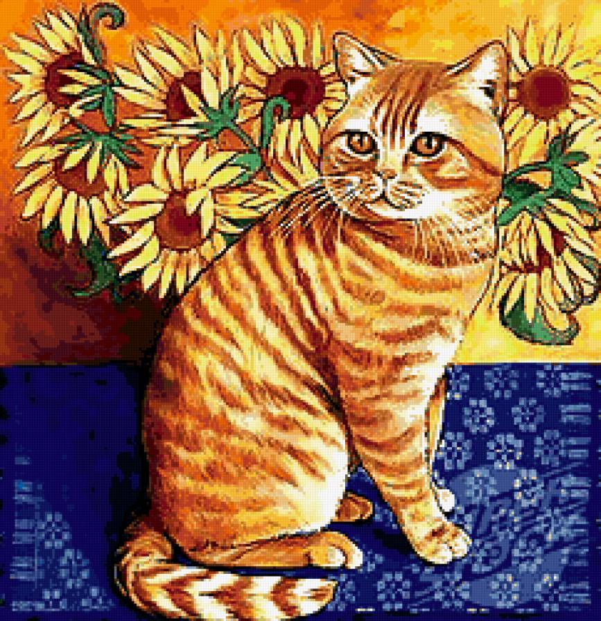 Рыжий котик - кошка, подсолнухи, кот, животные - предпросмотр