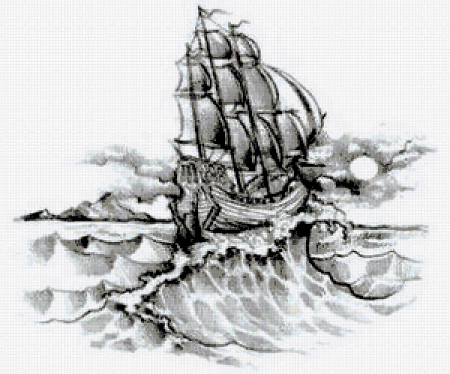Корабль - шторм, море, корабль, монохром - предпросмотр