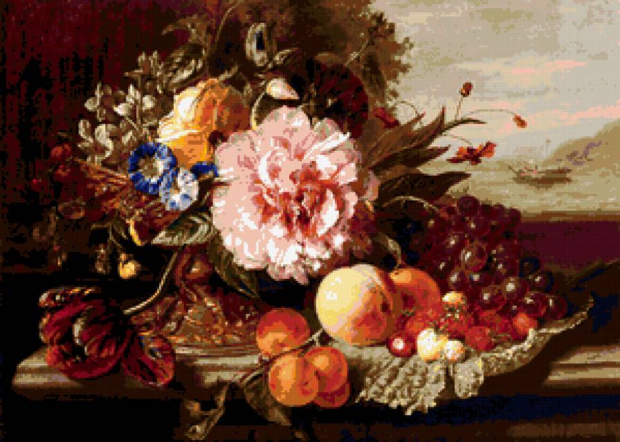 Голландский натюрморт - фрукты, пион, красивый, виноград, натюрморт, цветы - предпросмотр