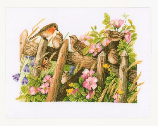 Семья малиновок - цветы, птицы - оригинал