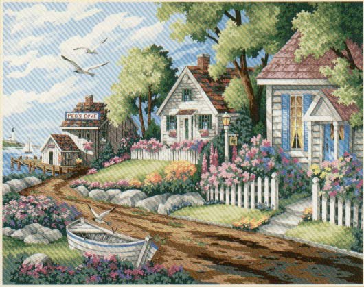 Деревушка у моря - сад, домики, пейзаж, цветы - оригинал