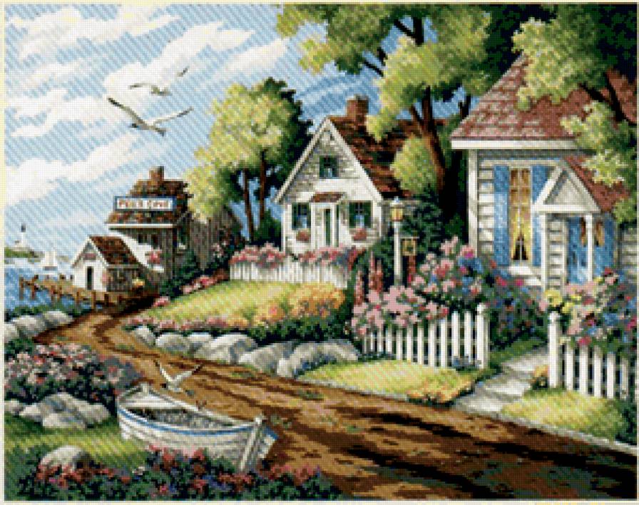 Деревушка у моря - пейзаж, домики, цветы, сад - предпросмотр