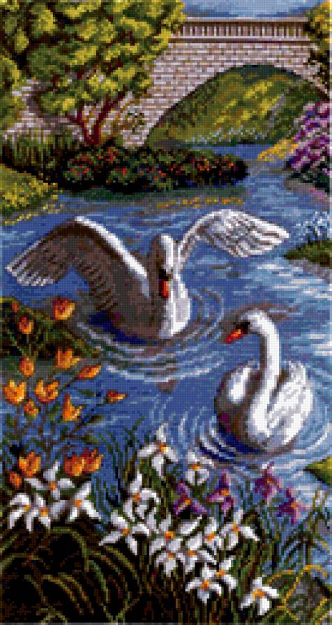 Лебединая пара - пейзаж, лебеди, птицы - предпросмотр