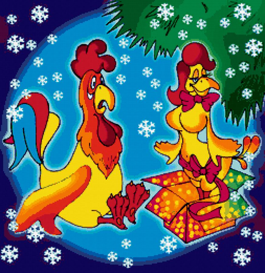 петушок и курочка - птицы, петух, куры, юмор, новый год, подушка - предпросмотр