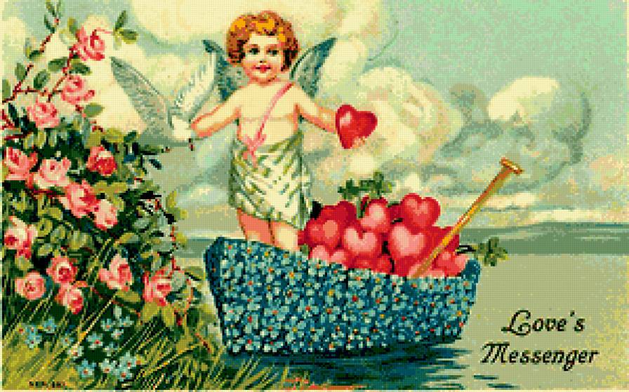 валентинка - лодка, валентина, ангелочек, голубь, амур, ангел, сердечки, винтаж - предпросмотр