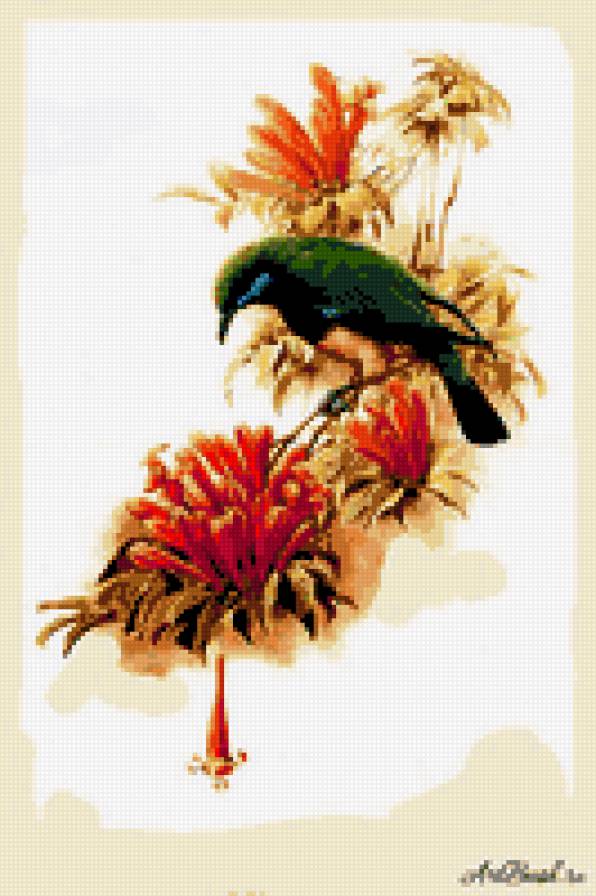 птица и цветы - природа картина птица цветы ветка - предпросмотр