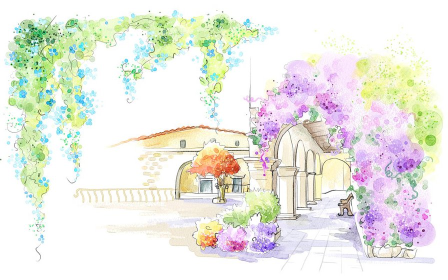 Зарисовки - домик, пейзаж, цветы - оригинал