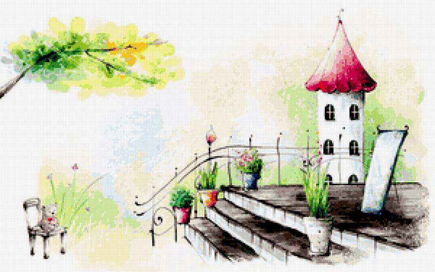 Зарисовки - пейзаж, домик, лестница - предпросмотр