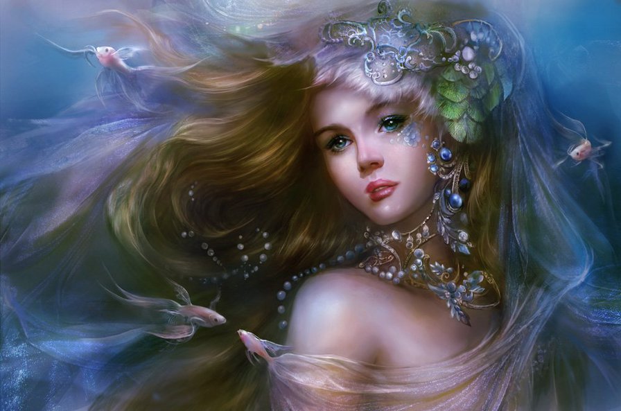 ДИПТИХ   "Две мелодии" - рыбки, волны волос, игра волны, море, женщина, русалка - оригинал