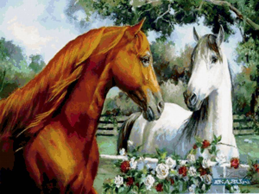 ДИПТИХ   "Две мелодии" - кони, цветы, белая невеста, пара, лошади, животные - предпросмотр