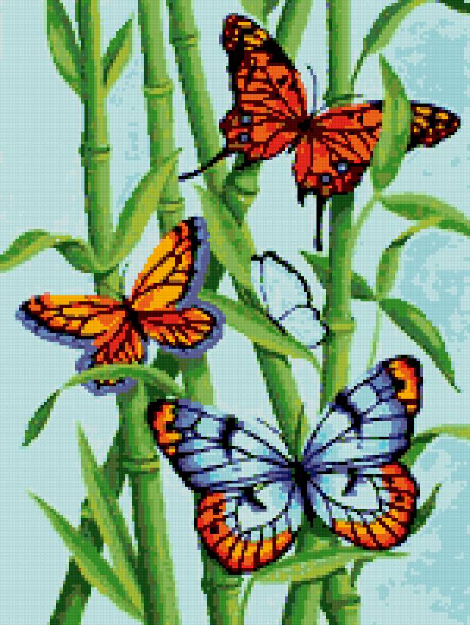 Бабочки на ветках - тростник, ветки, бабочки, лето - предпросмотр