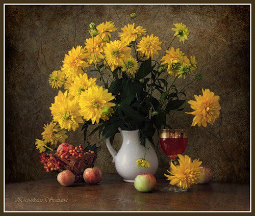 август - натюрморт, цветы, золотой шар, август, букет - оригинал