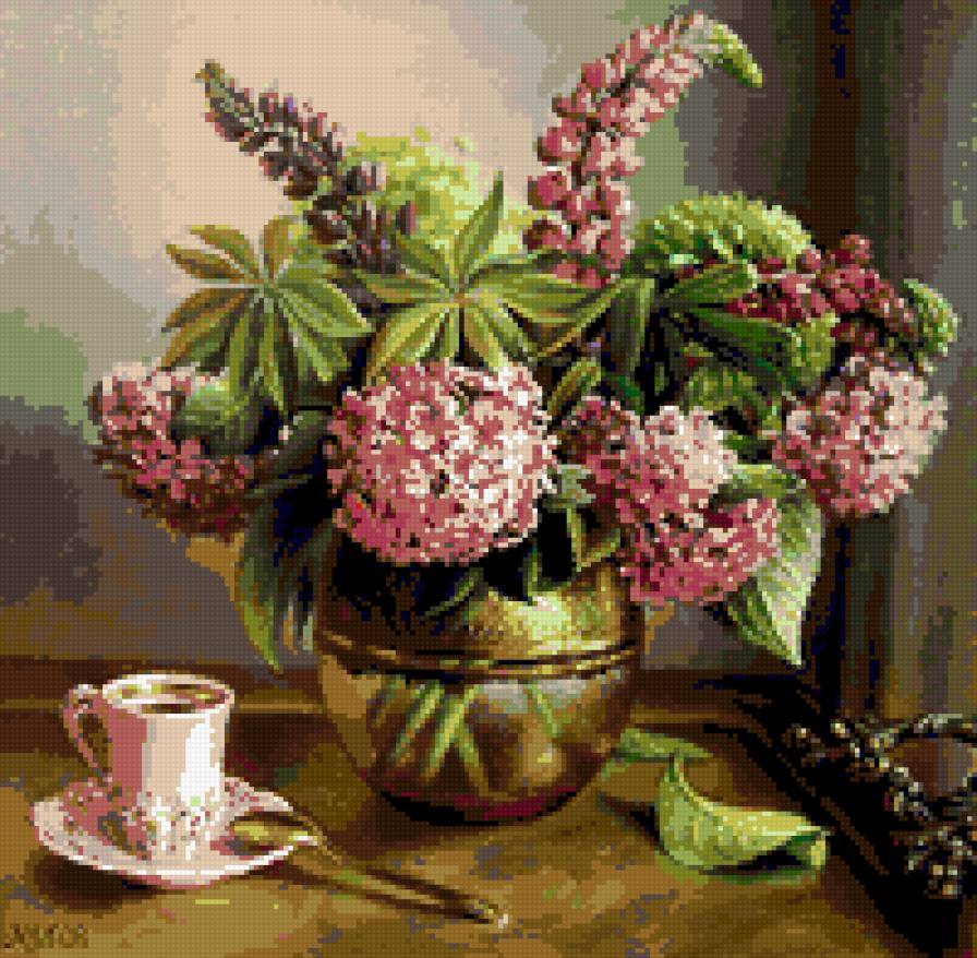 букет люпинов и гортензий - цветы букет картина ваза люпины гортензии натюрморт - предпросмотр