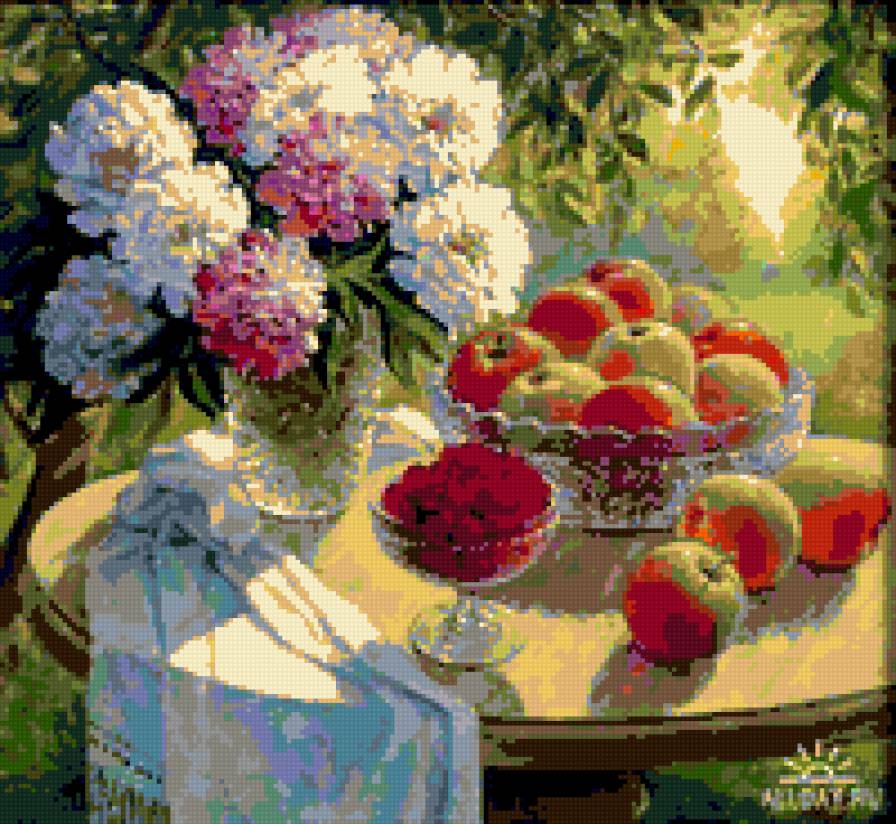 натюрморт - натюрморт картина ваза пионы цветы яблоки фрукты - предпросмотр