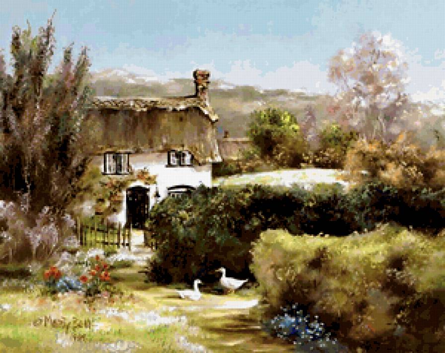Серия "Пейзажи" - пейзаж, домик, цветы, дорога, лето, гуси, птицы - предпросмотр