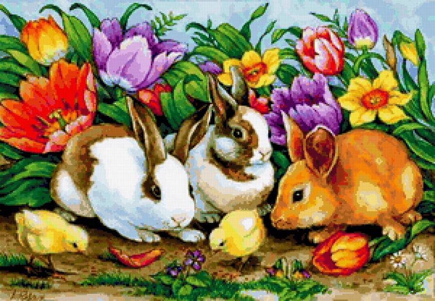 Пасхальные кролики - крокусы, кролики, пасха, зайчики, цыплята, яички, праздник - предпросмотр