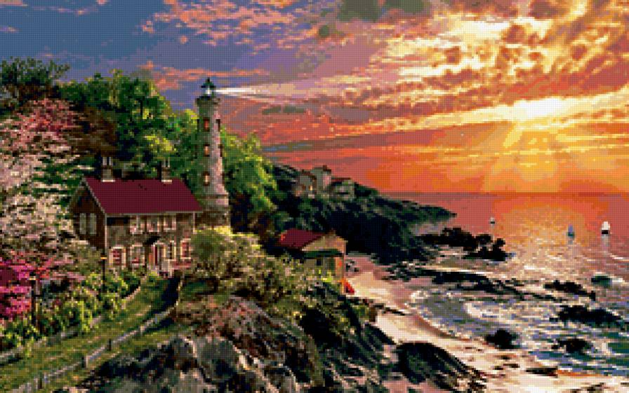 пейзаж - море, природа, закат, маяк, рассвет, дом, домик - предпросмотр