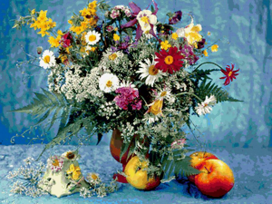на голубом фоне - яблоки, натюрморт, ваза, цветы - предпросмотр