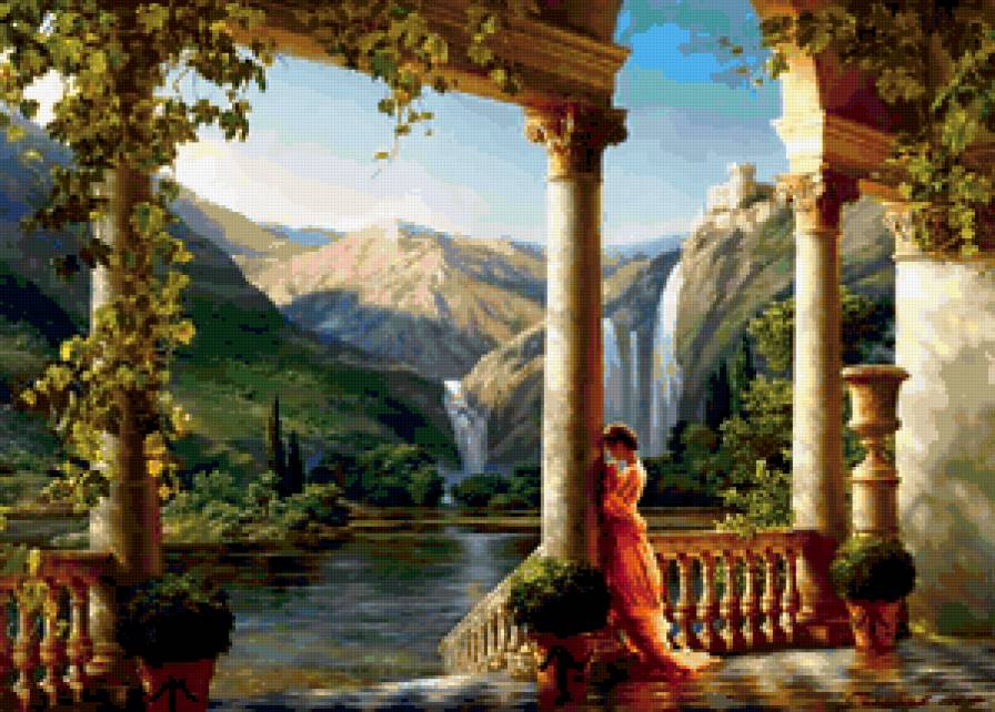 Горное озеро - пейзаж, колонны, горы, горное озеро, водопад - предпросмотр