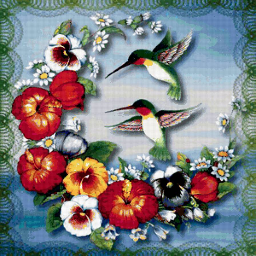 Подушка "Цветы и птички" - подушка, букет, узор, птица. цветы - предпросмотр