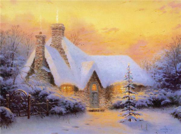 зимний вечер - картина природа пейзаж дом зима - оригинал