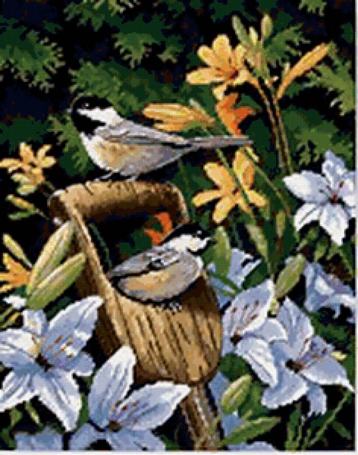 птички-синички - цветы, птицы - предпросмотр