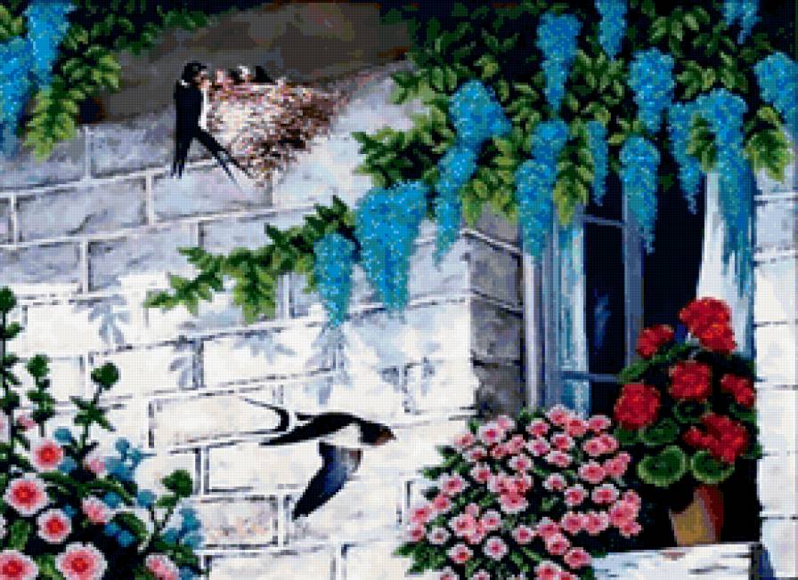 Ласточкино гнездо - цветы, птицы - предпросмотр