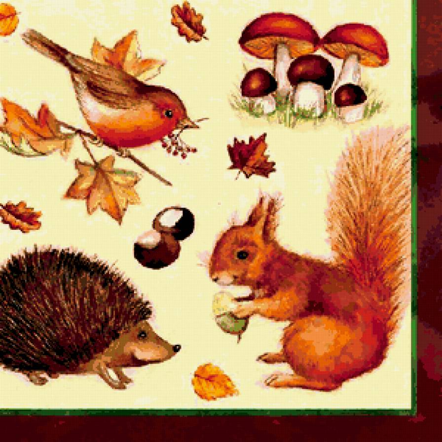 Подушка "Кусочек леса" - грибы, белка, жолудь, листья, птичка, ежик - предпросмотр