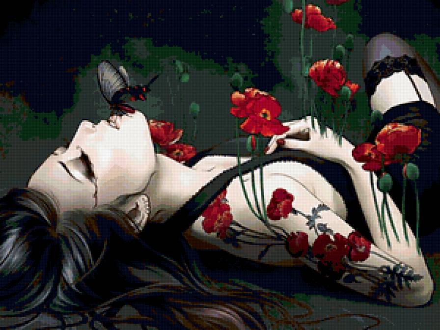 МИСС ОЧАРОВАНИЕ - неизвестная, незнакомая, маки, женщина, бархатный вечер, бабочка - предпросмотр