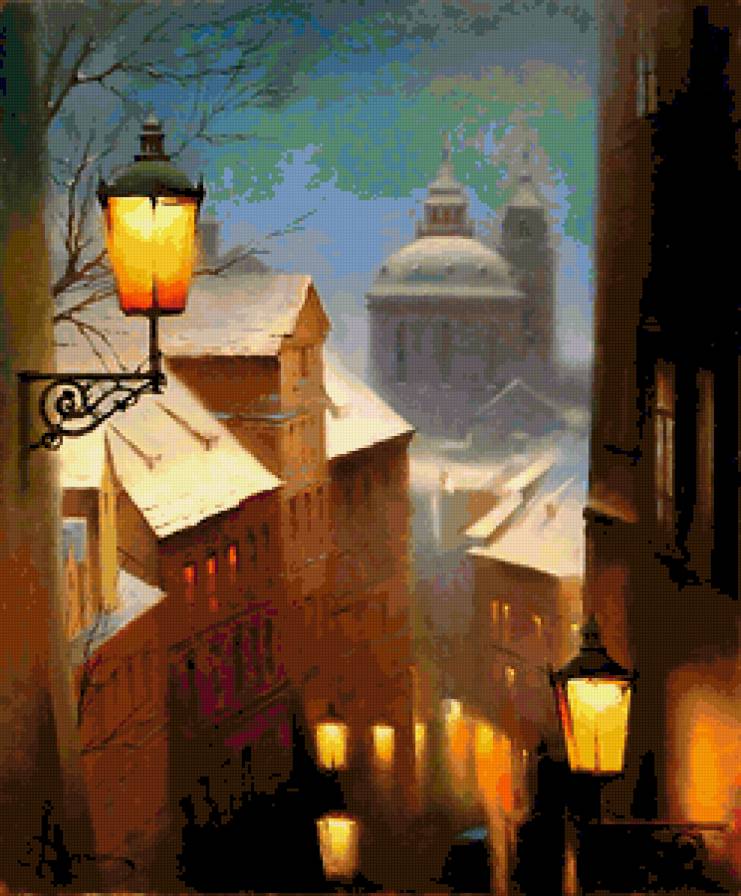 городской пейзаж - фонарь, городской пейзаж, ночь, зима - предпросмотр