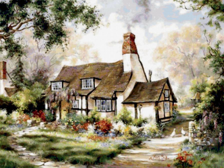 Серия "Пейзажи" - домик, цветы, лето, дорога, пейзаж - предпросмотр