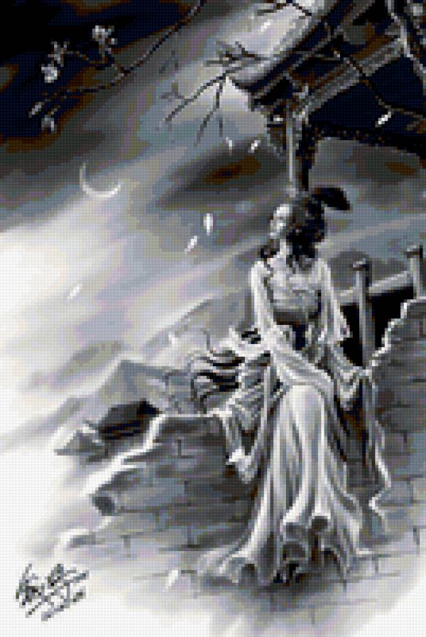 Леди Лунный свет - девушка, дерево, ночь, японка - предпросмотр